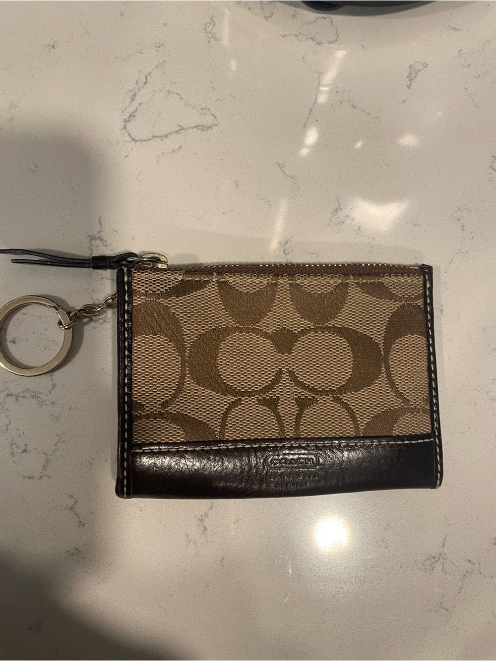 Coach Brown Signature Canvas Card Case with Gold Key Ring